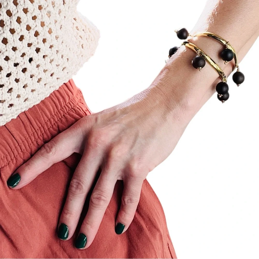 KATE SPADE Set of 2 Gold Cuffs with Wood Beads Second Nature Bracelet - Picture 8 of 12